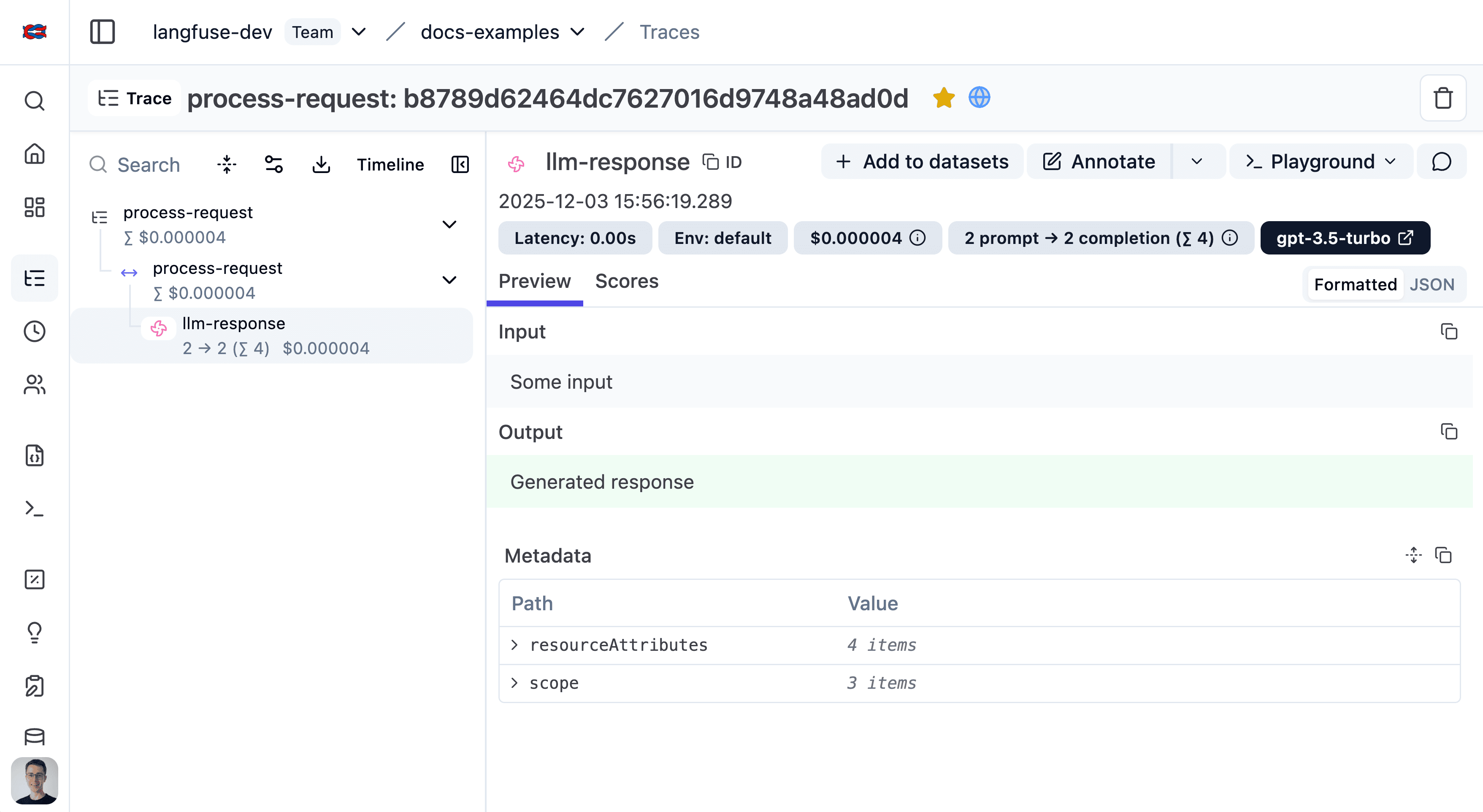 First trace in Langfuse